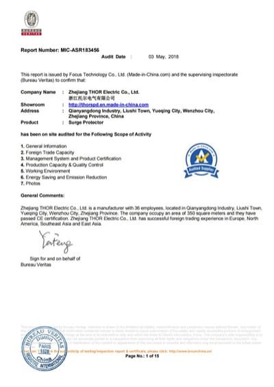 2018 THOR BV Surge Protection device Plant field certification