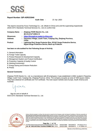 2023 THOR SGS Surge Protection Device Plant field certification