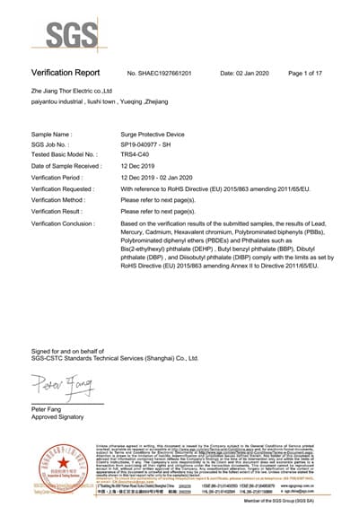 THOR Surge Protection device ROSH 2.0 Certificate