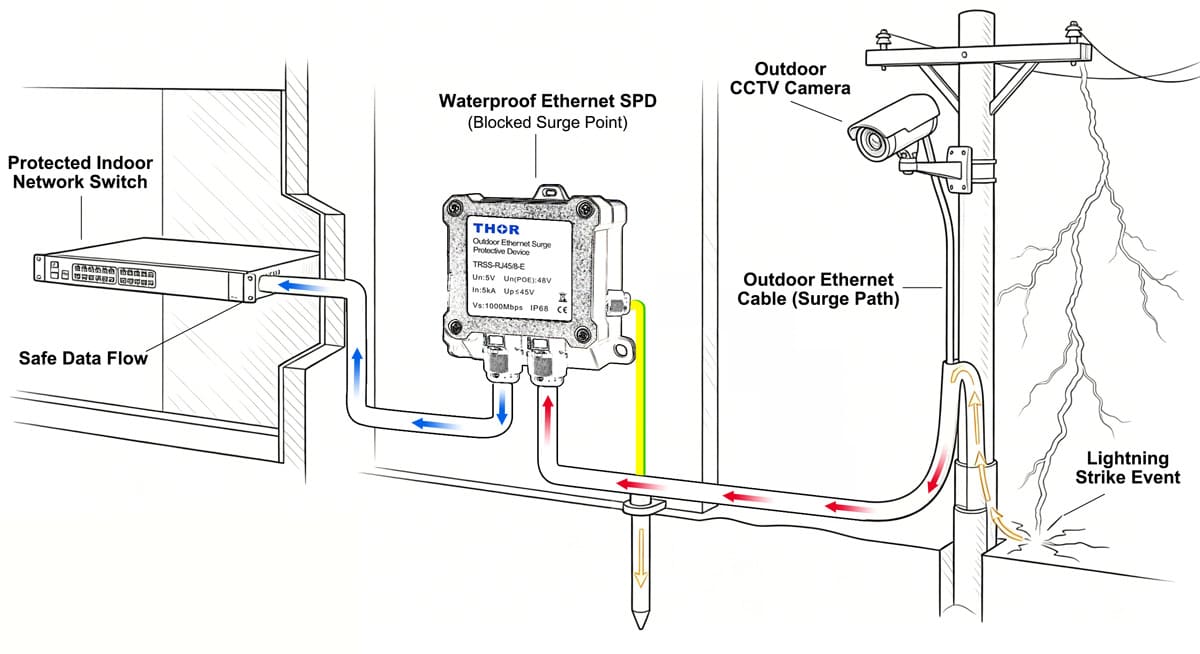 Ethernet surge protector installed on outdoor IP camera cable run to protect against lightning