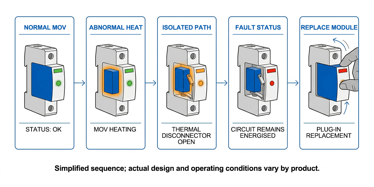  SPD thermal disconnector sequence from MOV overheating to isolation and replacement